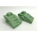 A pair of Carlton Ware WWI Mark IV style tanks, with green glaze, printed factory marks to bases, ea... 