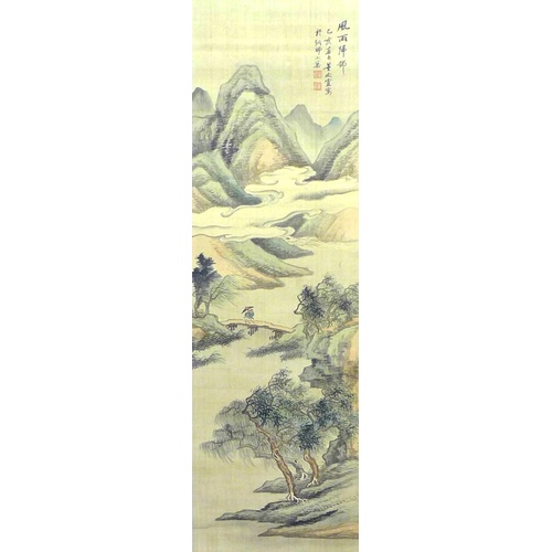 10 - A Japanese scroll painting or Kakemono, Meiji period depicting landscape with mountains, trees and w... 
