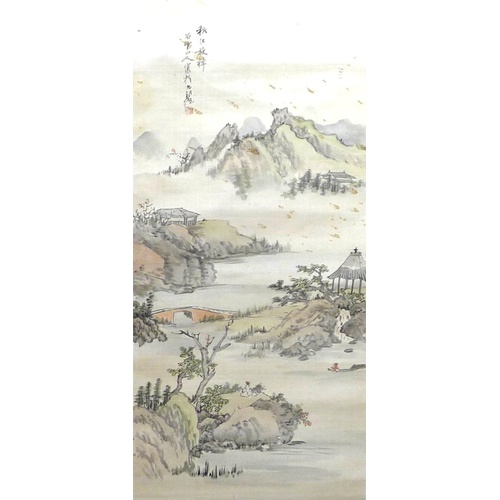11 - A Japanese scroll painting or Kakemono, Meiji period depicting landscape with mountains and water, w... 