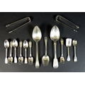 A group of Georgian and later silver flatware comprising a pair of Peter and Anne Bateman sugar nips... 