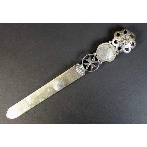 14 - A 19th century Maltese white metal letter opener, inset with a silver 1774 Fra Francisco Ximenez de ... 