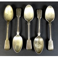 A group of five George IV and later silver table spoons, comprising one George IV, Adey Bellamy Savo... 