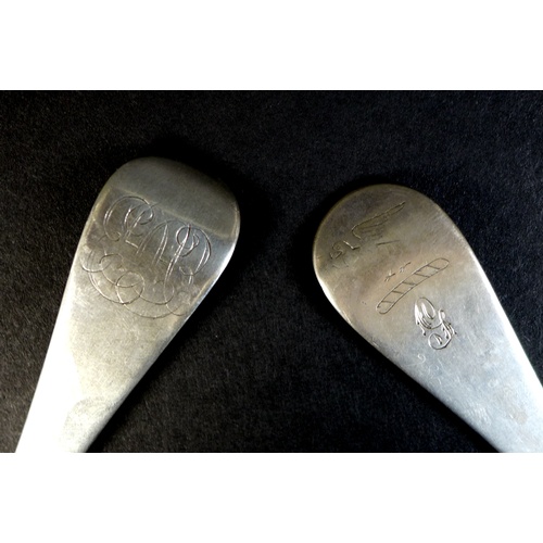 45 - Two George I silver Hanoverian rat tail pattern tablespoons, comprising one by Phillip Roker II, Lon... 