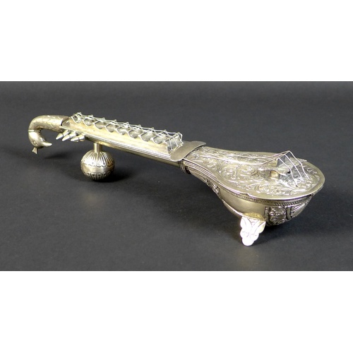 71 - An early 20th century Indian silver spice box, in the form of a sitar, with a peacock form headstock... 