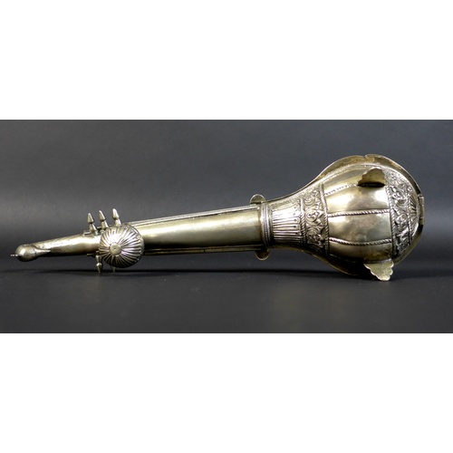 71 - An early 20th century Indian silver spice box, in the form of a sitar, with a peacock form headstock... 