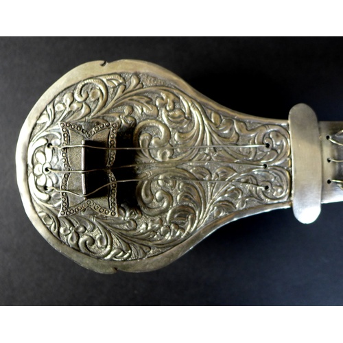 71 - An early 20th century Indian silver spice box, in the form of a sitar, with a peacock form headstock... 