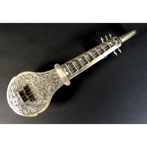 71 - An early 20th century Indian silver spice box, in the form of a sitar, with a peacock form headstock... 