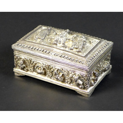 69 - A white metal box, likely Burmese silver, mid 20th century, richly decorated with signs of the zodia... 