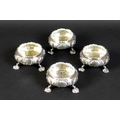 A set of four Victorian silver cauldron salts, each engraved with a single 'R' to one side and with ... 
