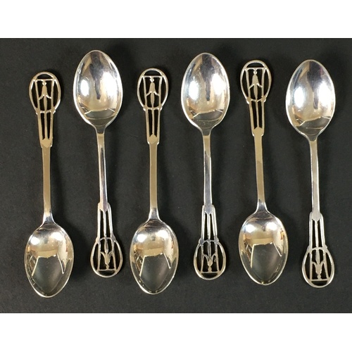 8 - A set of six Elizabeth II silver coffee spoons, with pierced terminals formed as harebells, in prese... 