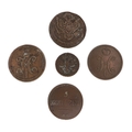 A group of five late 18th / early 19th century Russian copper coins, a 1731 Denga, 26mm, 7.3g, a lat... 