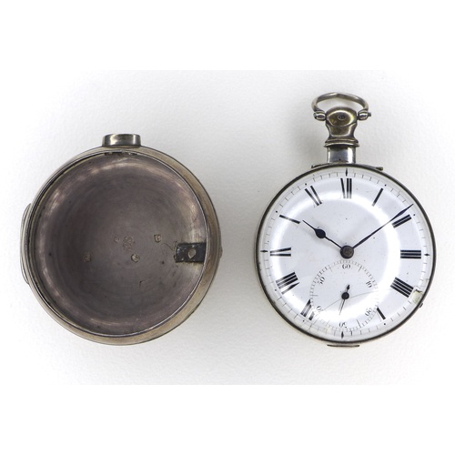 87 - A George III silver pair cased key wind pocket watch, the white enamel dial with black Roman numeral... 