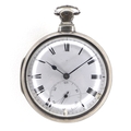 A George III silver pair cased key wind pocket watch, the white enamel dial with black Roman numeral... 
