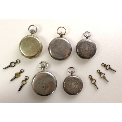 88 - A group of five pocket watches, comprising a Victorian silver lady's key wind open faced pocket watc... 