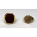 A 9ct gold signet ring set with a carnelian, 16 by 14mm, size P, 12.7g, together with a further 9ct ... 
