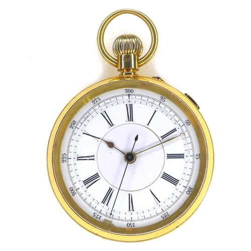 90 - A late Victorian 18ct gold open faced centre seconds chronograph pocket watch, keyless wind, the whi... 