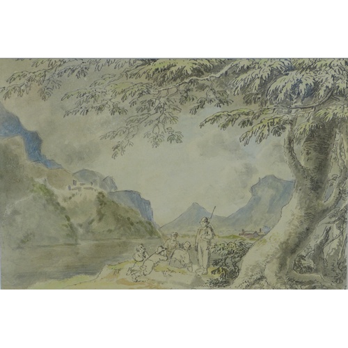 217 - Anthony Devis (British, 1729-1817): 'Mountain landscape with figures', pen and ink with colour washe... 