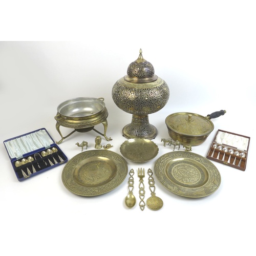 52 - A collection of brass, copper and metal items, including a Persian pierced pendant lamp shade, a cop... 