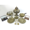 A collection of brass, copper and metal items, including a Persian pierced pendant lamp shade, a cop... 