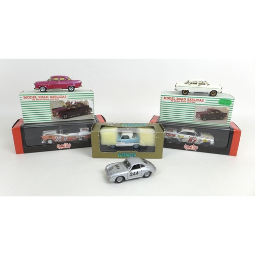 133 - Six 1/43 scale die cast model classic cars, comprising two Model Road Replicas of a Ford Consul Chel... 