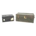 Two vintage metal trunks, one green painted metal, 78.5 by 44 by 34cm high, and one black painted me... 