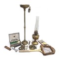 A mixed group of metal wares and other items, including a brass cigarette ashtray stand, an oil lamp... 