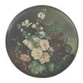 A large Watcombe Torquay ware terracotta plate, hand painted with hibiscus flowers and insects, sign... 