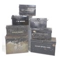 A collection of seven early 20th century metal deeds boxes, each painted black with white owner's le... 