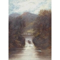 British School (19th century): landscape with rustic bridge crossing a waterfall, possibly Scottish,... 