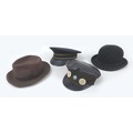 A British Rail cap, dated 1962 size 7 1/8, a vintage felt bowler hat by Falcon, size 7 1/8,  and a J... 
