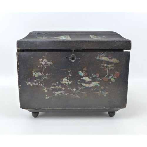 17 - A 19th century chinoiserie tea caddy of sarcophagus form, with mother of pearl inlaid floral and rel... 