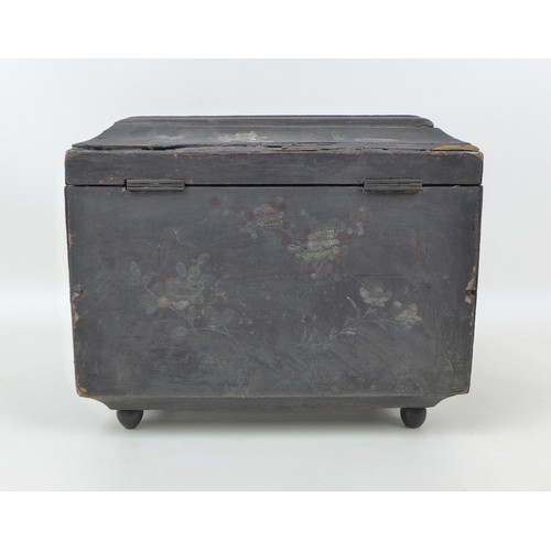 17 - A 19th century chinoiserie tea caddy of sarcophagus form, with mother of pearl inlaid floral and rel... 