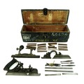 A Stanley 45 moulding plane, in original branded wooden box, with attachments, seventeen blades and ... 
