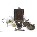 A group of thirteen various vintage metal wares, including two boot scrapes, a firescreen, jamming p... 