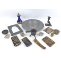 A group of metal wares and collectables, including a bronzed cast metal candlestick with owl and thi... 