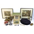 A group of mixed collectables, including a set of weighing scales, a set of postal scales, a brass c... 