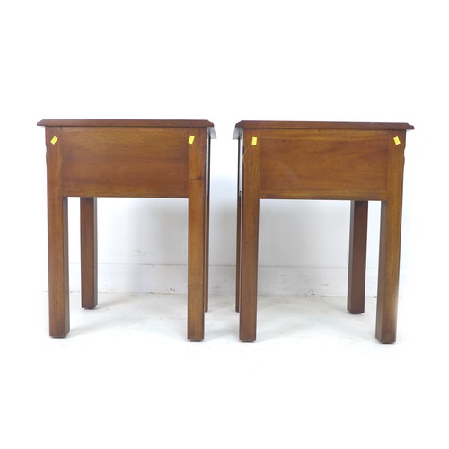 192 - A pair of modern mahogany bedside tables, each with a single drawer and brass handle, with square fo... 