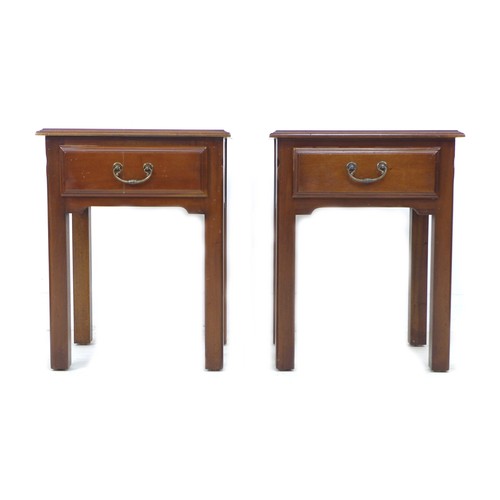 192 - A pair of modern mahogany bedside tables, each with a single drawer and brass handle, with square fo... 