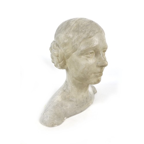 57 - A mid 20th century plaster cast bust of a lady with hair tied into double buns, unsigned, 36 by 24 b... 