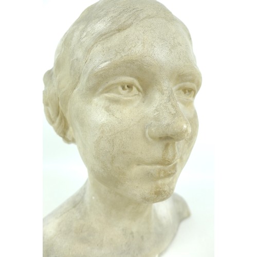 57 - A mid 20th century plaster cast bust of a lady with hair tied into double buns, unsigned, 36 by 24 b... 