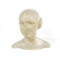 A mid 20th century plaster cast bust of a lady with hair tied into double buns, unsigned, 36 by 24 b... 
