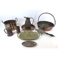 A group of various copper and brass metal wares, including a copper jamming pan, 35cm diameter inclu... 
