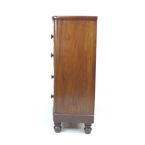 221 - A Victorian bow fronted figured mahogany chest of drawers, with two over three drawers, raised upon ... 