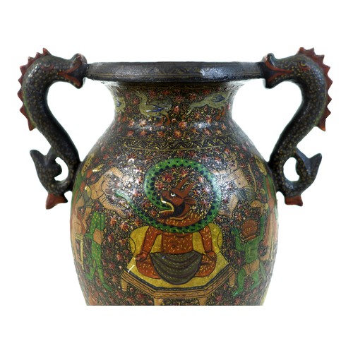 24 - A Kashmiri papier maché vase, early 20th century, of baluster form with twin dragon handles, depicti... 