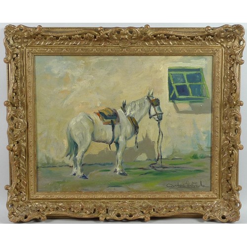 131 - Carlos Sitorla (?) (Spanish School, 20th century): a horse standing by a white painted wall with a g... 