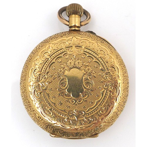 102 - A Continental 18ct gold lady's open faced pocket watch, keyless wind, with white enamel dial, black ... 