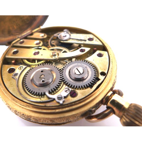 102 - A Continental 18ct gold lady's open faced pocket watch, keyless wind, with white enamel dial, black ... 