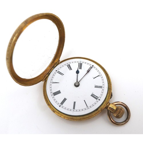 102 - A Continental 18ct gold lady's open faced pocket watch, keyless wind, with white enamel dial, black ... 