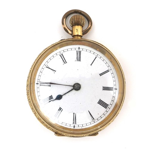 102 - A Continental 18ct gold lady's open faced pocket watch, keyless wind, with white enamel dial, black ... 