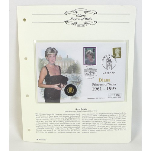 79 - An Elizabeth II gold 5 dollar coin, 1997, 1.2g, mounted within a commemorative Diana Princess of Wal... 